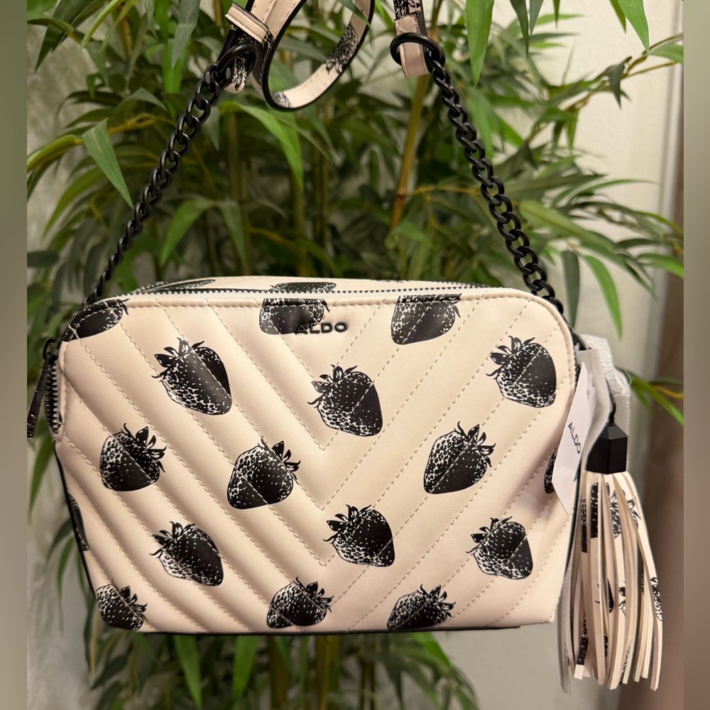 Aldo Black & Cream Strawberry Print Quilted Crossbody Bag
